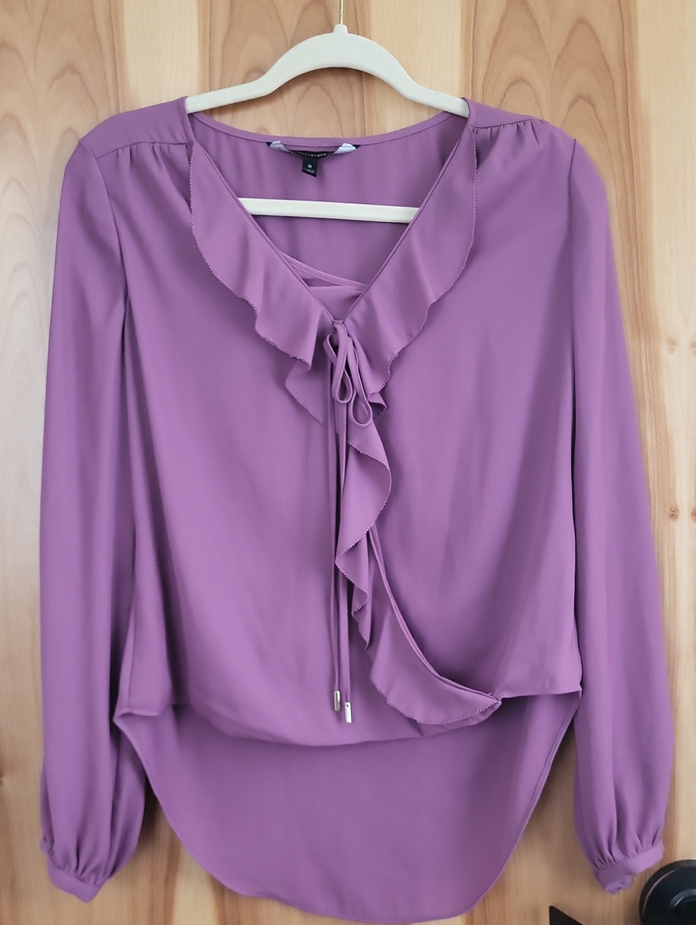 White House Black Market Mauve Ruffle V-Neck Tie Blouse